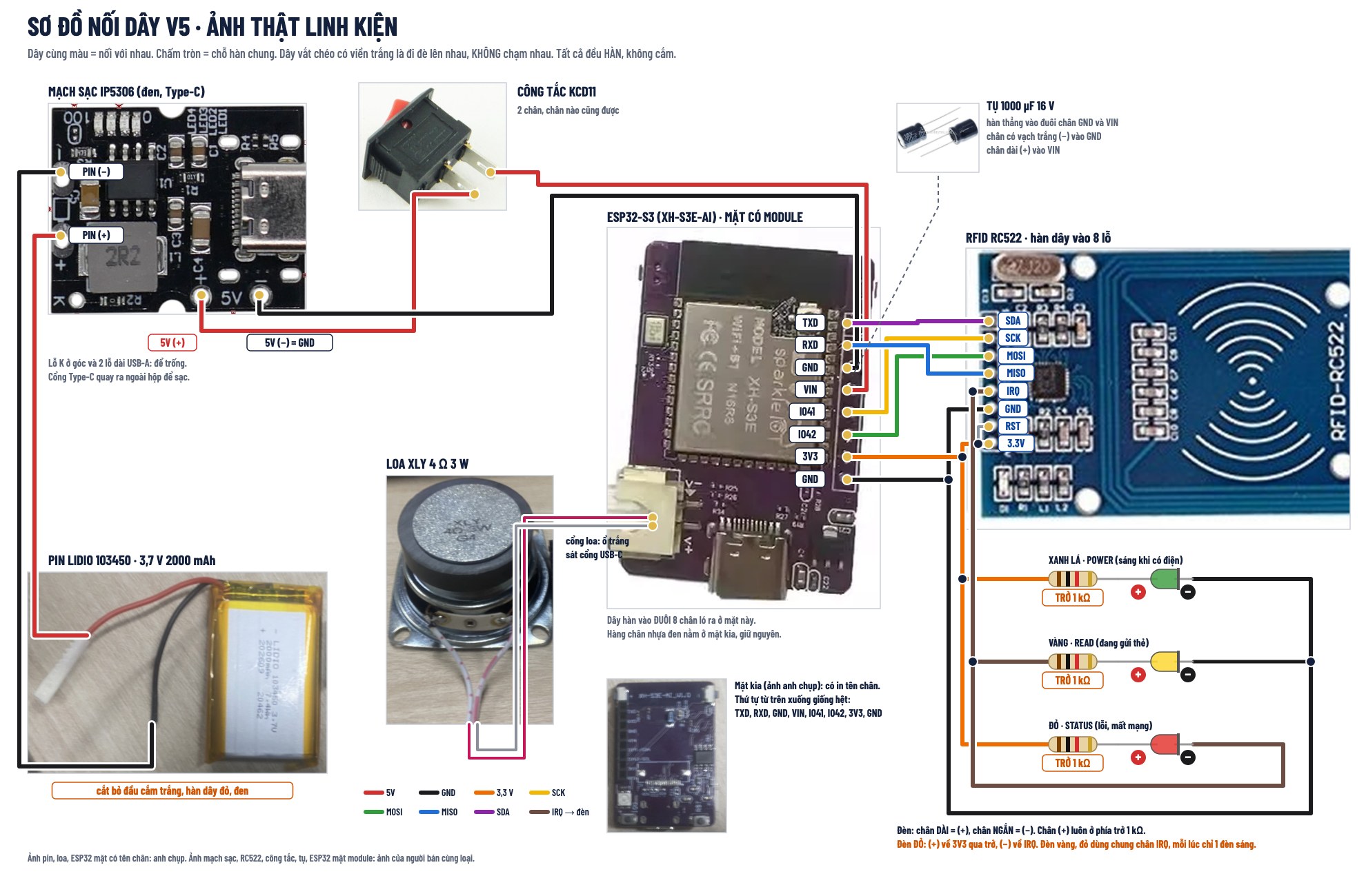 Sơ đồ nối dây V5 bằng ảnh thật linh kiện: mạch sạc, pin, công tắc, ESP32, RC522, loa, tụ, đèn