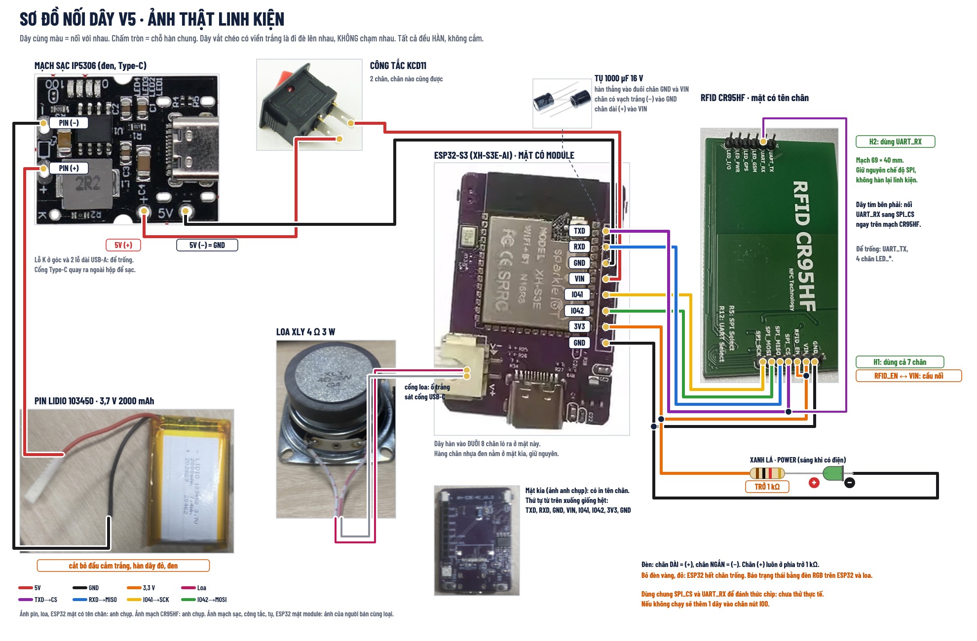Sơ đồ nối dây V5 bằng ảnh thật linh kiện: mạch sạc, pin, công tắc, ESP32, CR95HF, loa, tụ, đèn